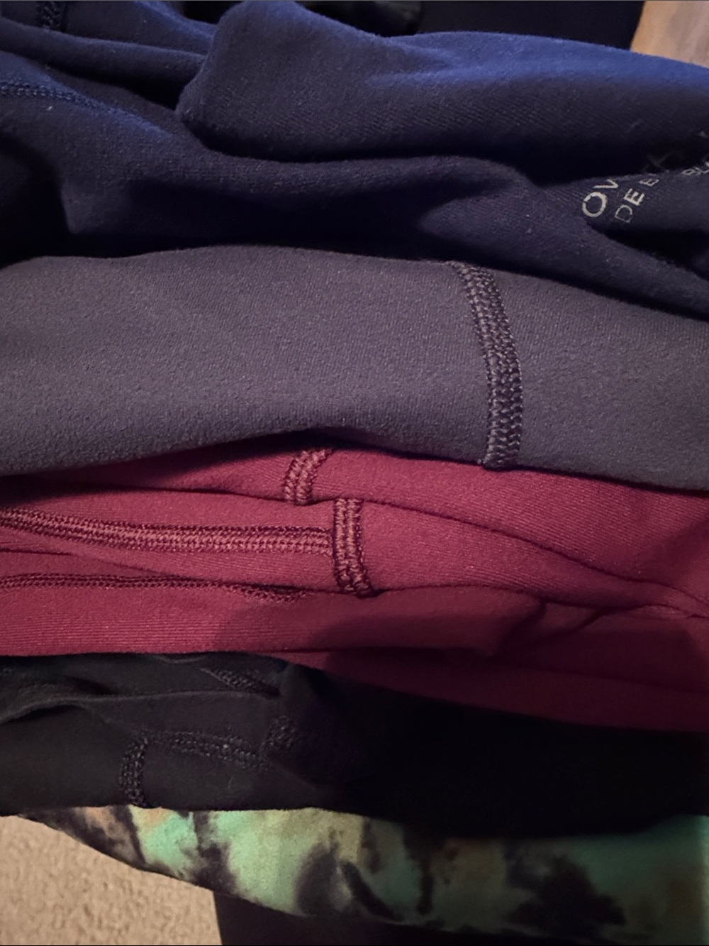 Fabletics Mixed Leggings & Tops Stack in Navy, Burgundy, Teal Tie-Dye and Black